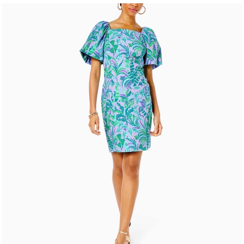 Lilly Pulitzer Lettie Mini Dress Puff Sleeve On the Chase Purple Iris 8 NWT $198 - Picture 2 of 15